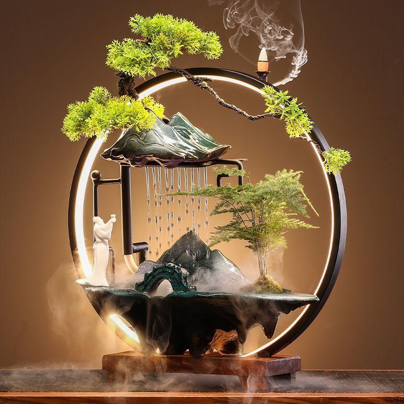 Creative LED Lamp Circle Reverse Flow Incense Burner Attract Wealth Cycle Flowing Rain Curtain Ornament Home Decoration