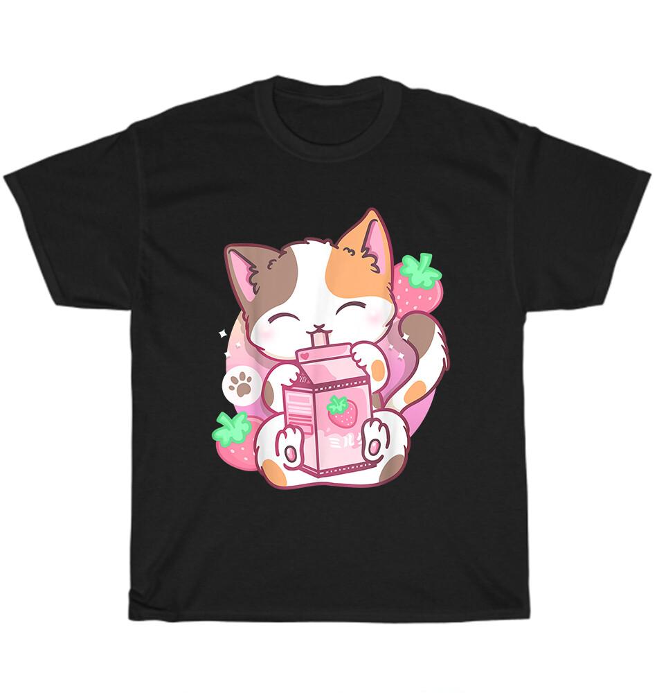 

Strawberry Shake Strawberry Milk Cat Kawaii Neko Anime Kitten Pet Lover T-Shirt 3XL