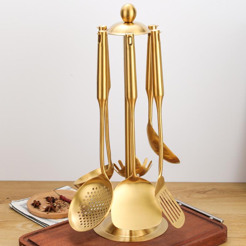 Set di pentole in acciaio inossidabile color oro: Paletta per Wok, Spatola, Mestolo per Zuppa.