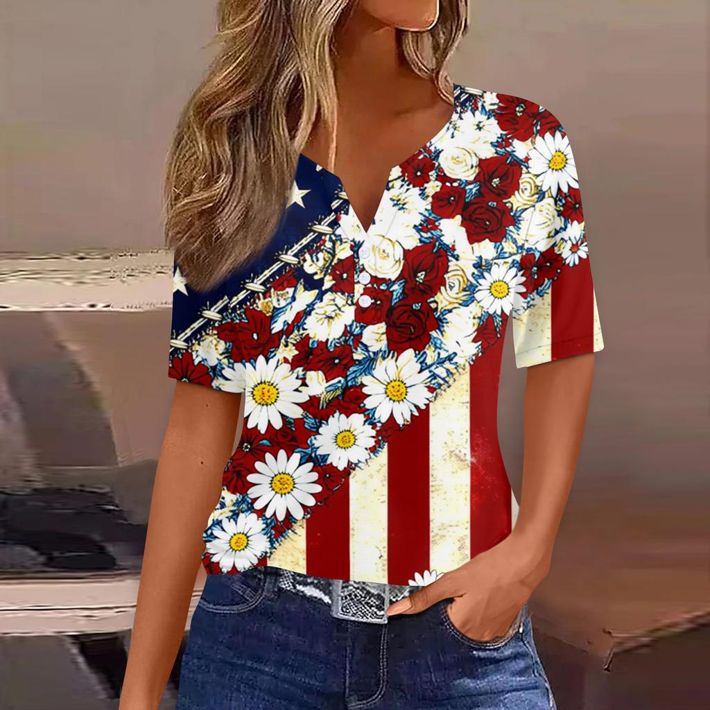 Women's Fashion Casual Independence Day Print V-Neck Short Sleeve Button-Up T-Shirt Top