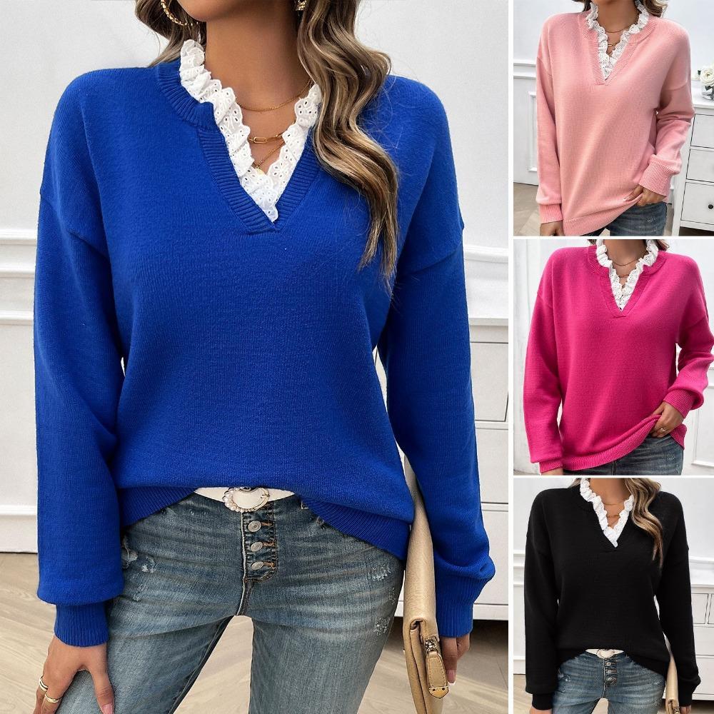 Autumn and Winter Women's Loose Lace V-neck Tops and Sweaters
