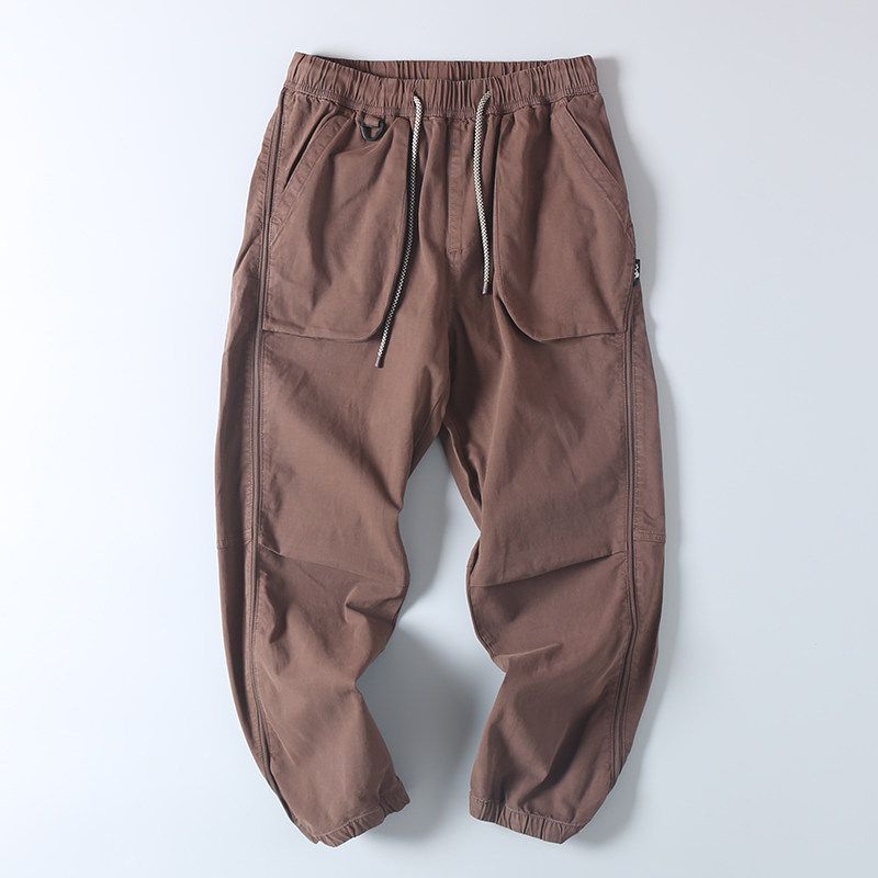 Japanese-Style Retro Heavy Weight Washed Cotton Large Pocket Overalls Spring & Fall Men Fashion Brands Micro Elastic Loose Casual Harem Pants