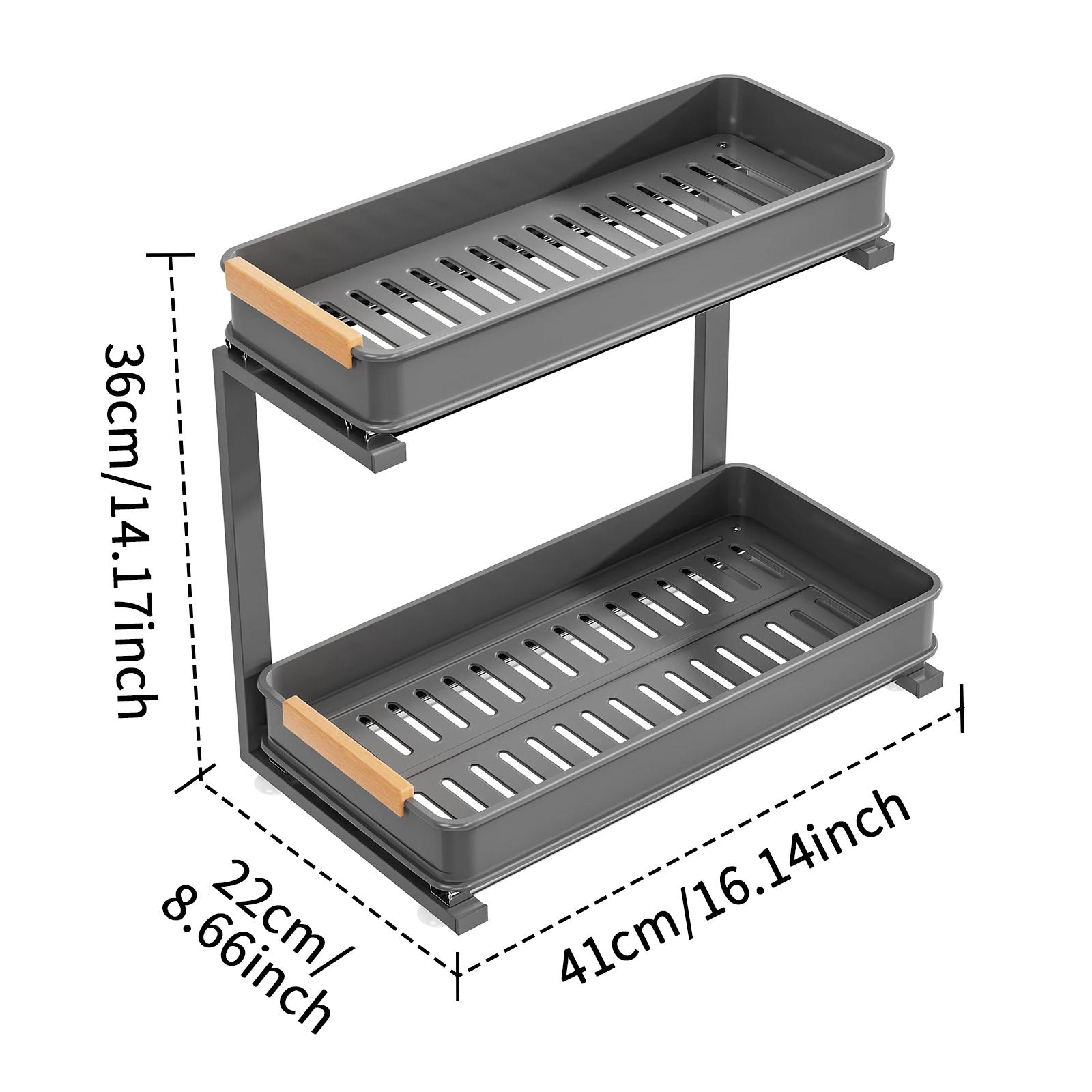 

L-shaped crystal pull-out storage tray, smooth guide-rail slide-out cabinet shelf organizer for plates spices cleaning items 2-tier