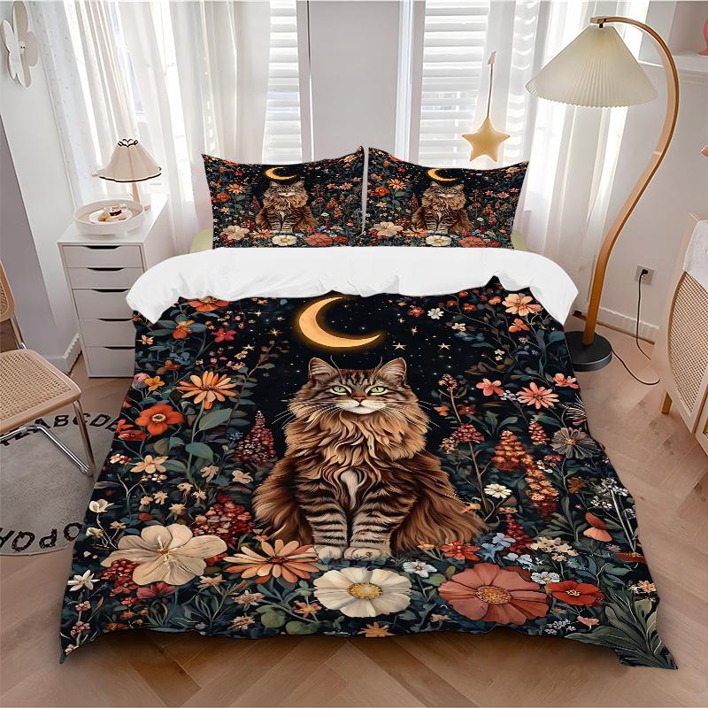 3pcs Domineering Cat & Flowers Bedding Set, Including Without Filling, Soft and Comfortable Home Bedroom M050