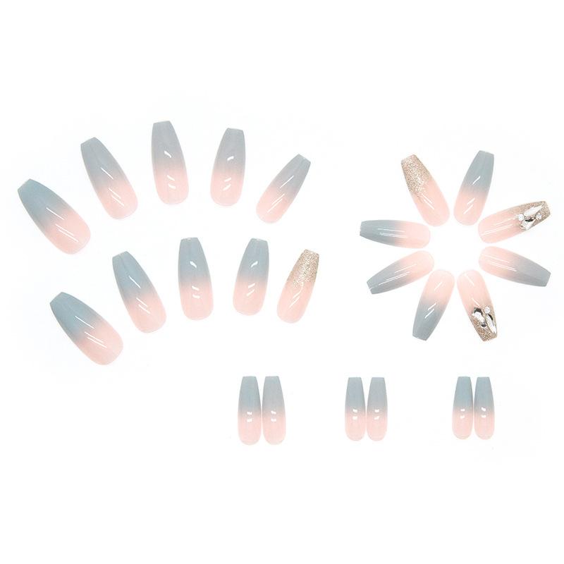 Artificial Nails Wearable Nails Long Nail Pieces Gradient Color Ice Mint Diamond Style Shiny Nail Pieces High-grade Diamond Fake Nails
