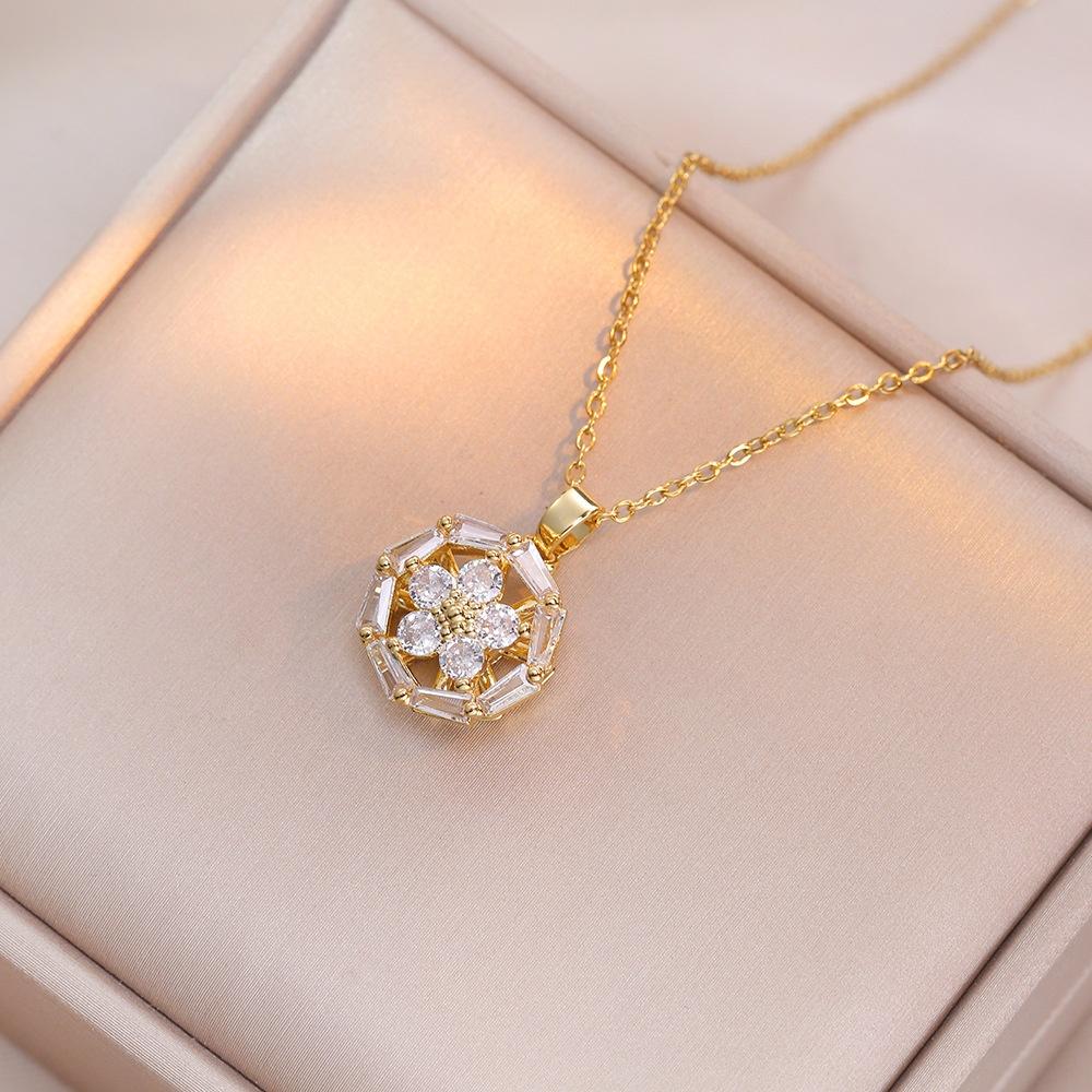 Cute Plant Female White Zircon Stone Spinner Round Skeleton Flower Pendant Necklace Gold Color Wedding Jewelry For Women