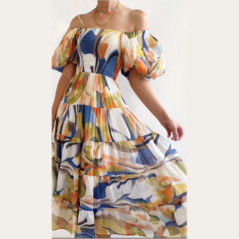 2 new women's bohemian print one-word shoulder holiday style sexy loose dress