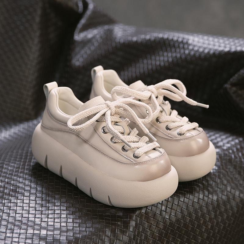 

Spring New Retro Comfortable Height Increasing Full Cowhide Single Shoes Fashion Commuter Lace Up Women Shoes 40 бежевий