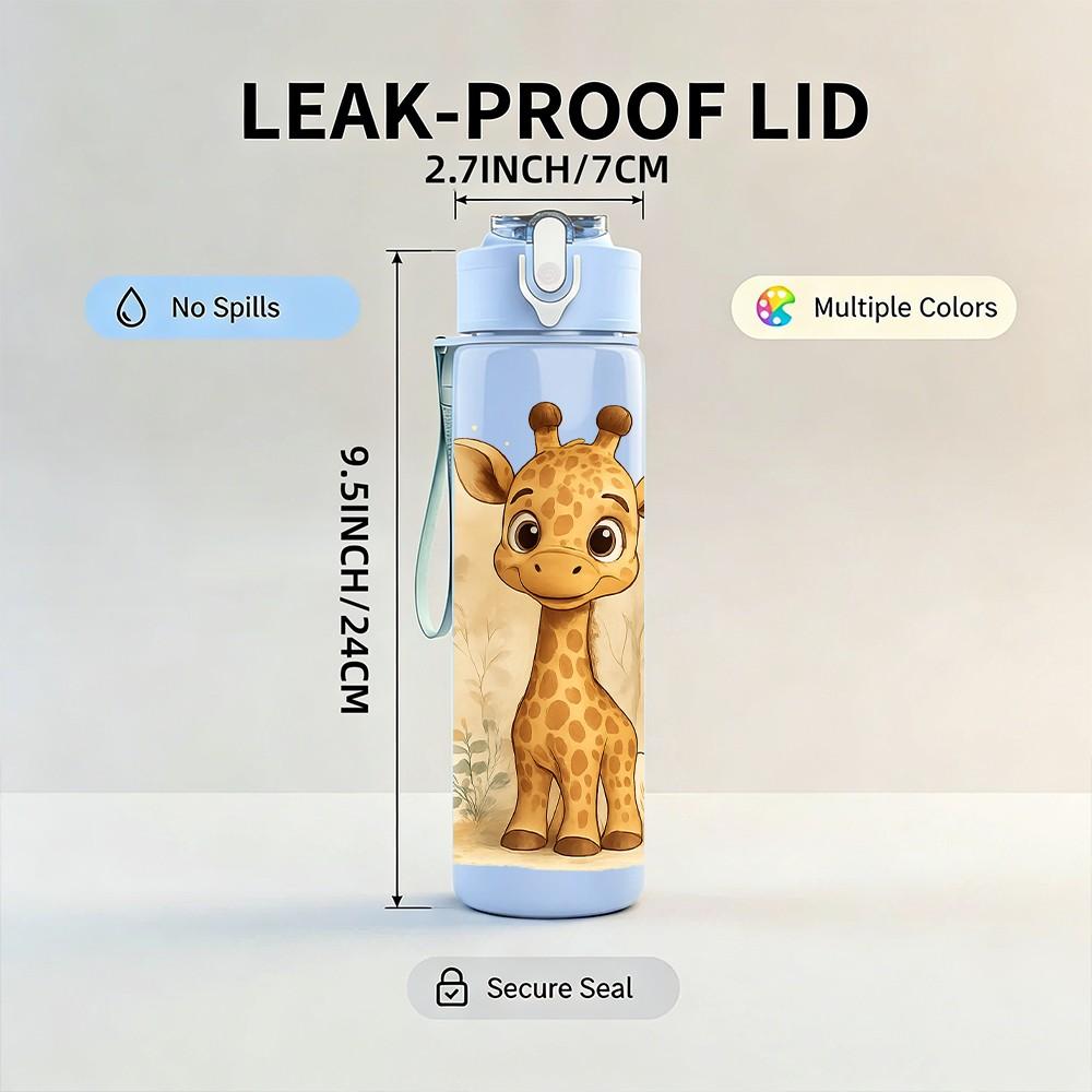 1PC Fluffy Baby Giraffe 750ml Color Plastic Sports Water Bottle Leakproof Flip Straw Lid Suitable for Sports Office Home Use