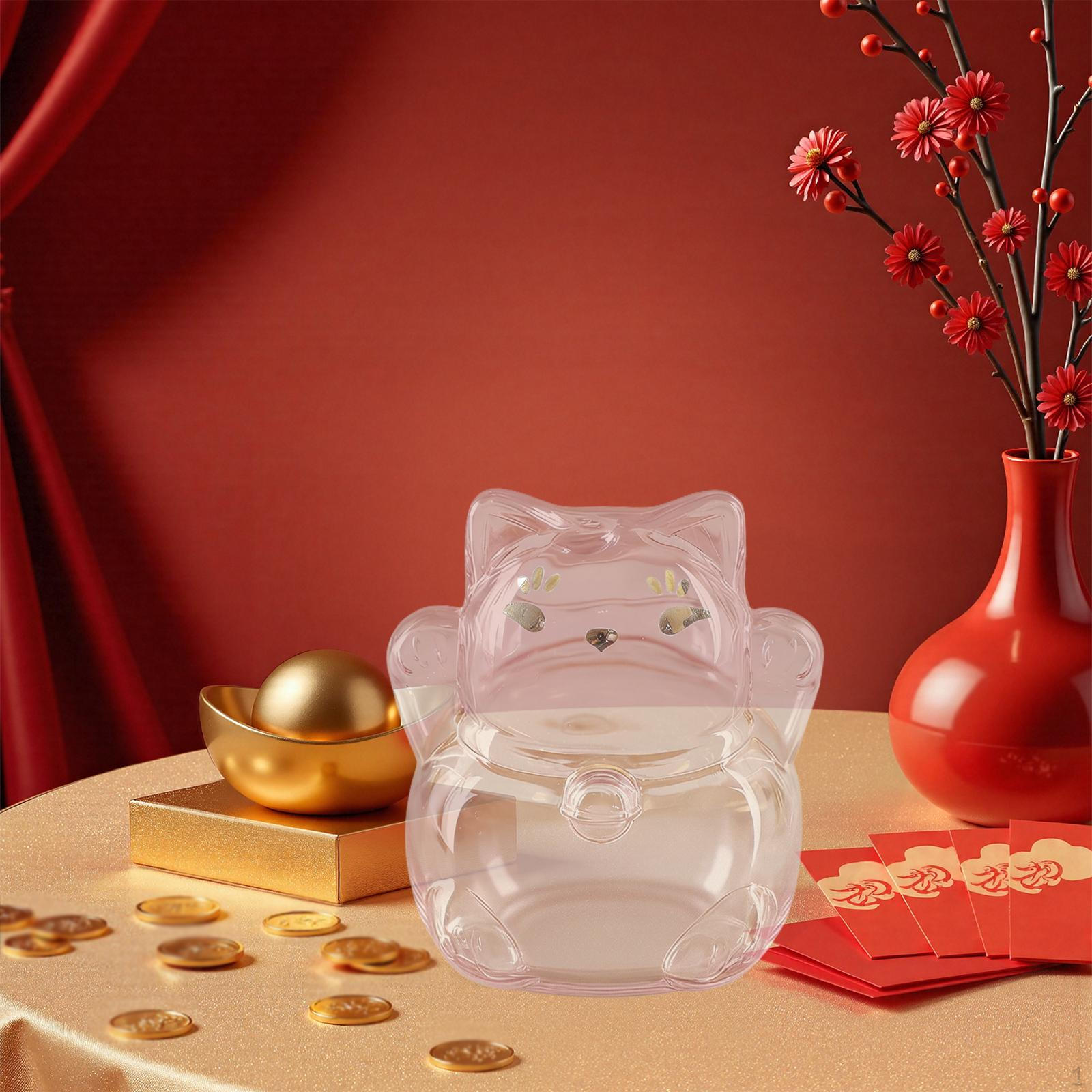 

Luck Cat Piggy Bank Glass Storage Jar Novelty Compact Transparent Money Gold Bean
