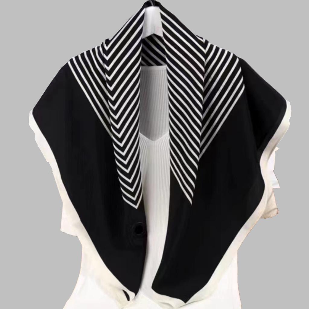Nordic style tot silk double crepe square scarf niche simple black and white striped silk scarf