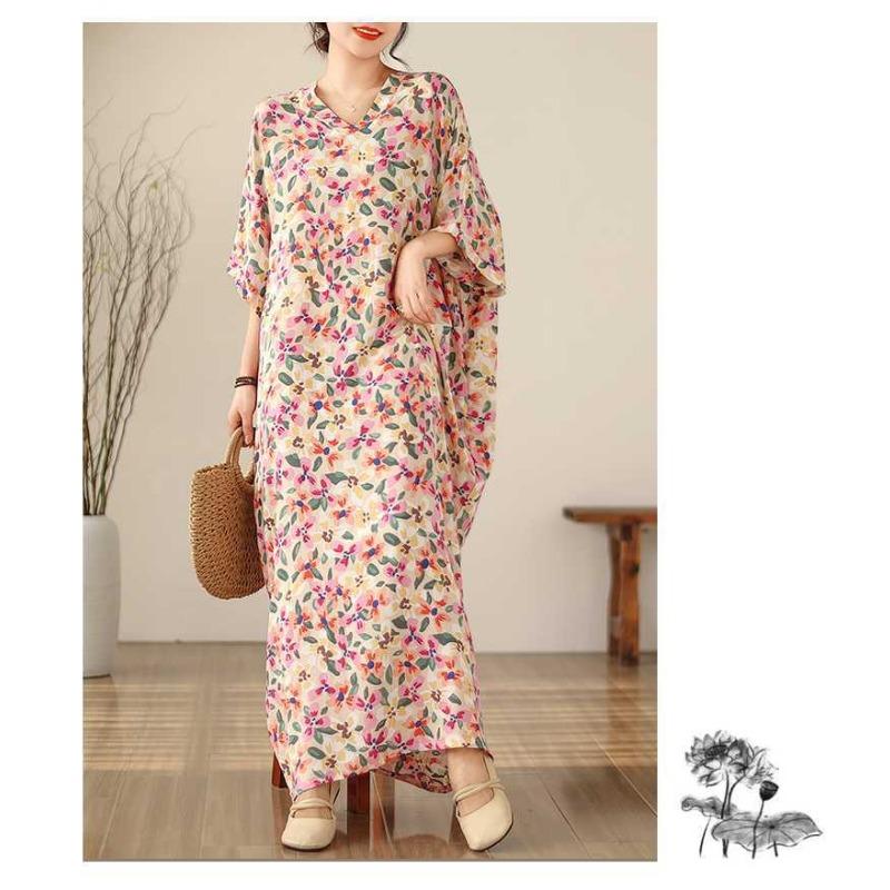 Vintage Vacation Style Enlarged Flesh Covering Thin V-neck Long Dresses