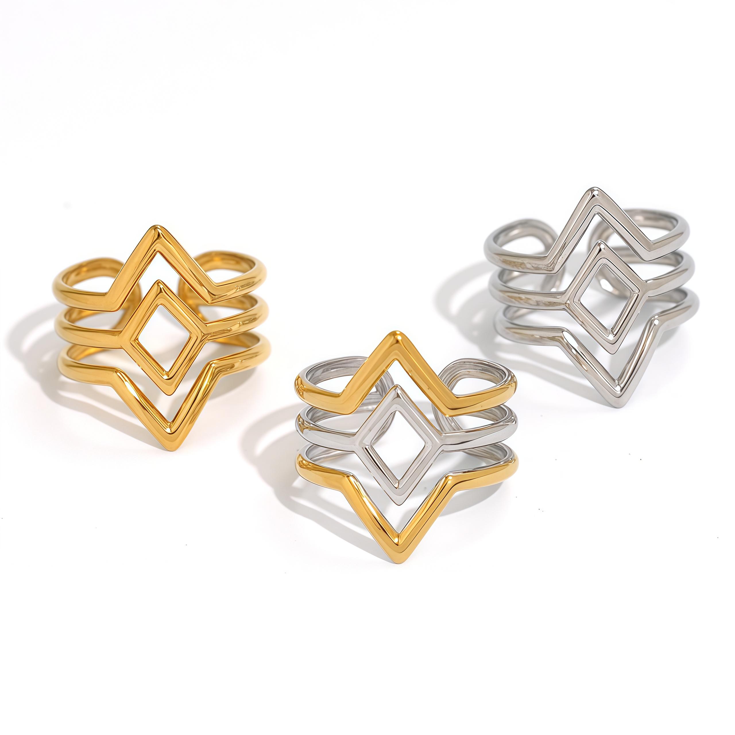 

Fashion Geometry Design Stainless Steel Rings 18K Gold Plated Waterproof Quality Ladies Zircon For Daily Wear Vacation Seaside resizable