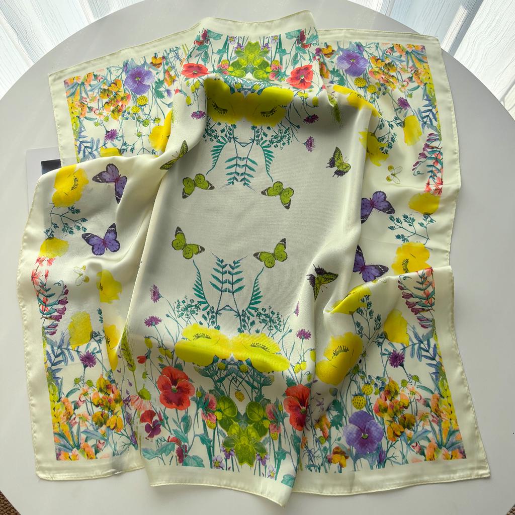 Luxury Square Scarf For Women Elegant Ladies Hijab Neckerchief Shawl For Travel Soft Stain Floral Print Imitation Silk Scarves