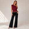 European and American temperament elegant slanted shoulder lace splicing waist short-sleeved top new slim and thin solid color T-shirt