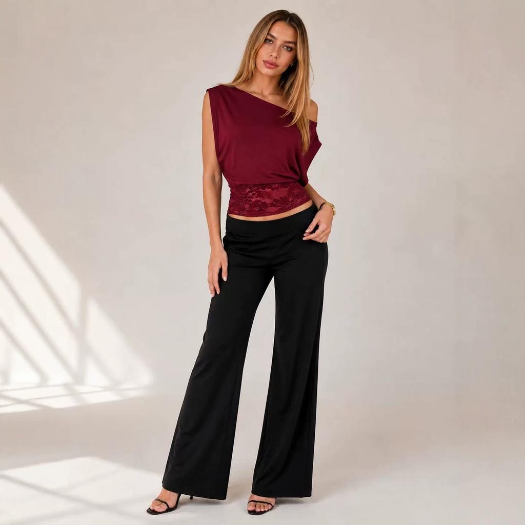 European and American temperament elegant slanted shoulder lace splicing waist short-sleeved top new slim and thin solid color T-shirt