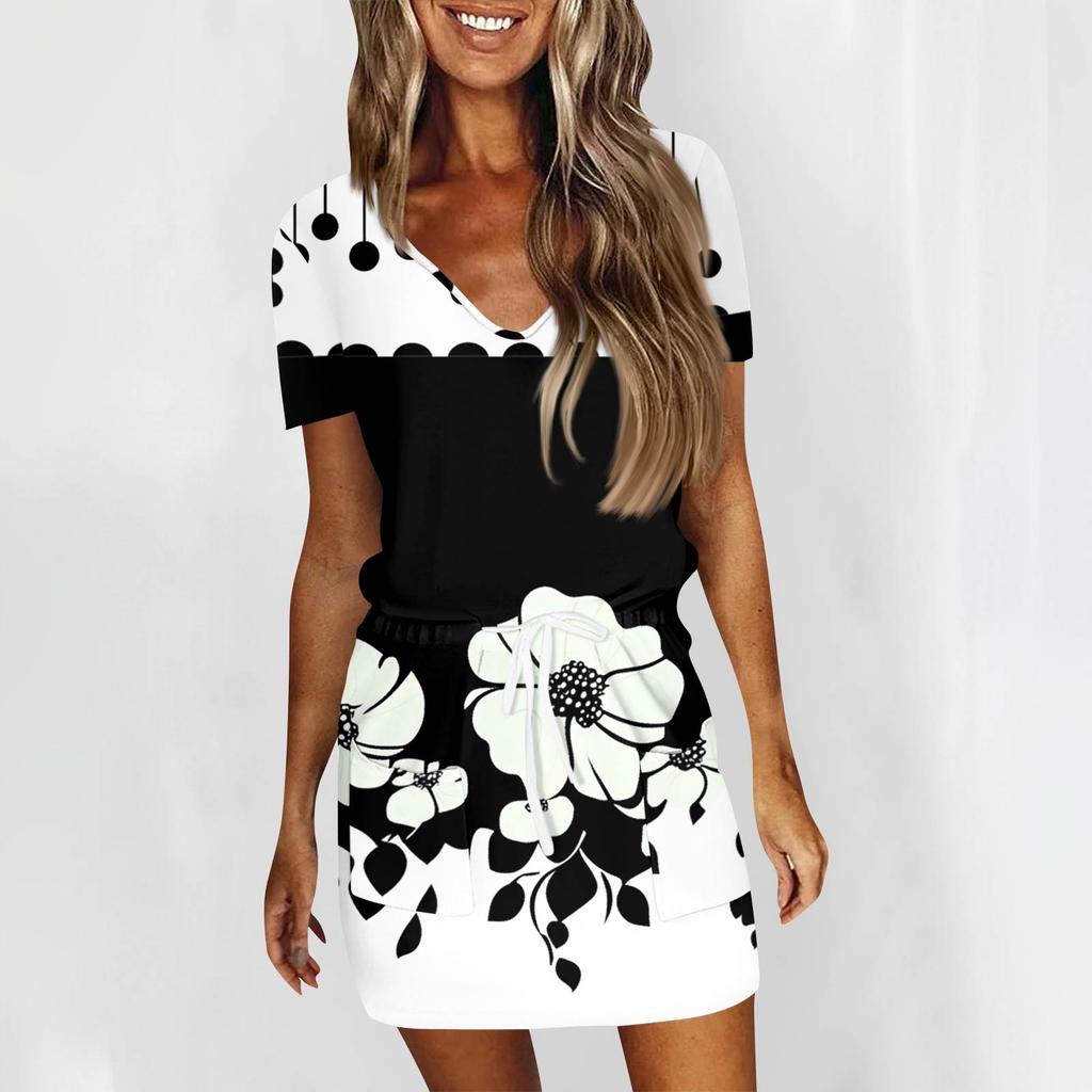 Women's Fashion Casual V-Neck Short Sleeve Drawstring Sequin Printed Dresses