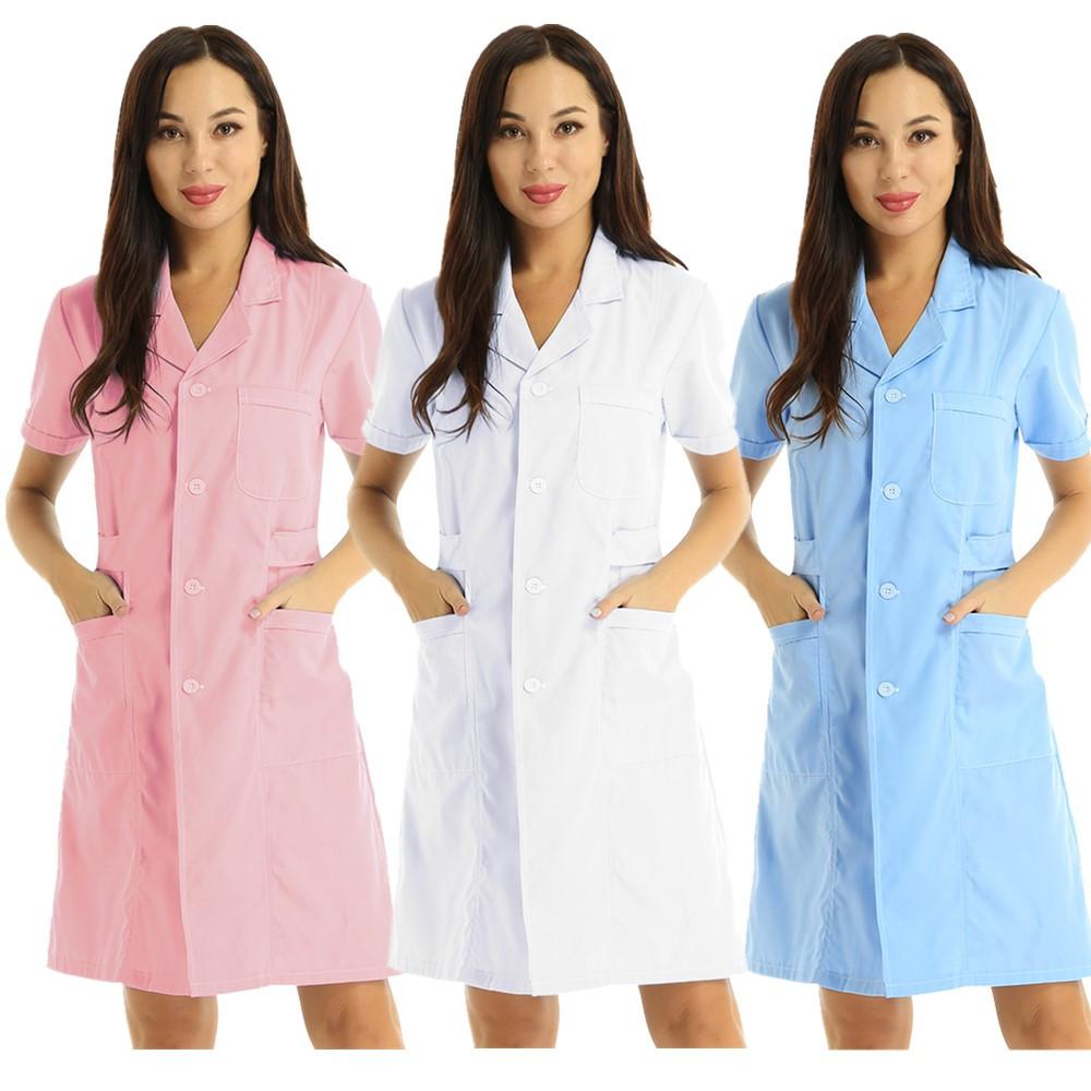 Hospital Lab Coat Uniform S-XXL for Women Adults - Solid Color Scrub Dress with Lapel Collar Short Sleeve and Button Front