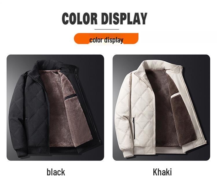 Men’s 2025 Winter Stand Collar Windproof Cotton Jacket - Thick Velvet, Middle-Aged Dad Style