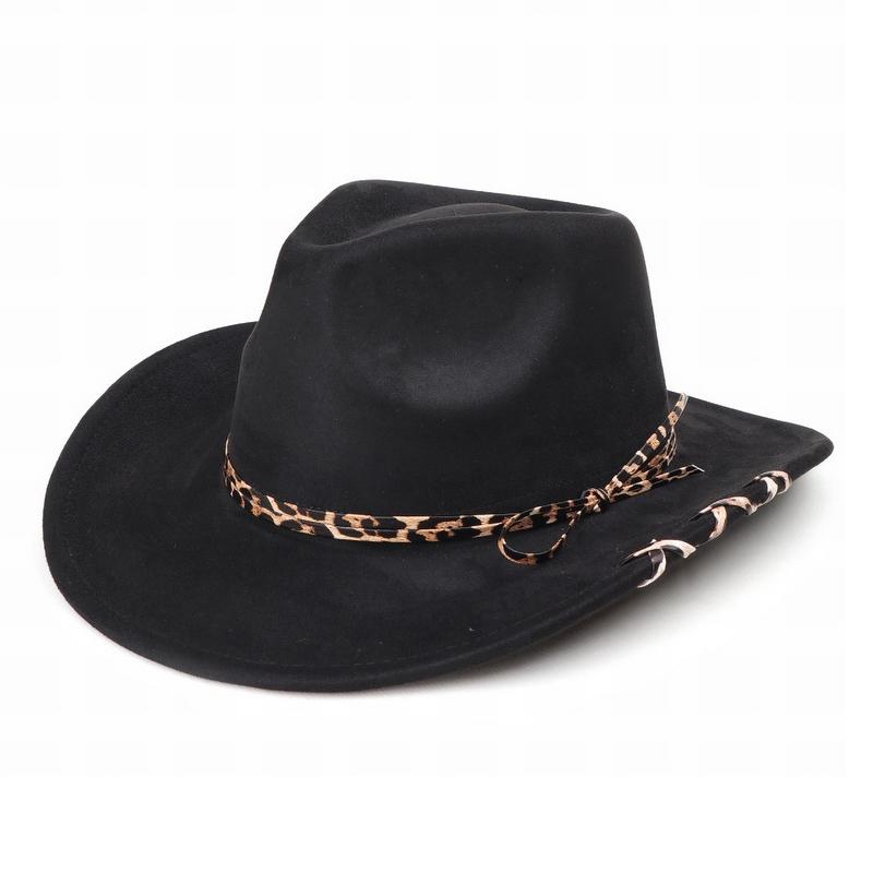 

GEMVIE Western Women Men Cowboy Hat Wide Brim Outdoor Travel Fedora Hat Cowgirl Hats with Leopard Print Belt 56-58cm чорний