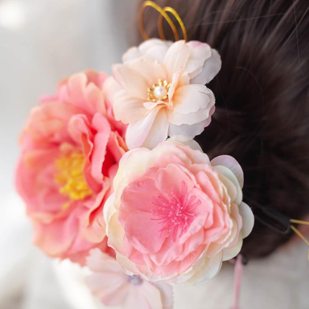 VIYIEN Handmade Artificial Flower Hair Ornament for and Perfect for and Features Mizuhiki Tassel and Faux Pink Coming-of-Age Ceremonies, Graduations,