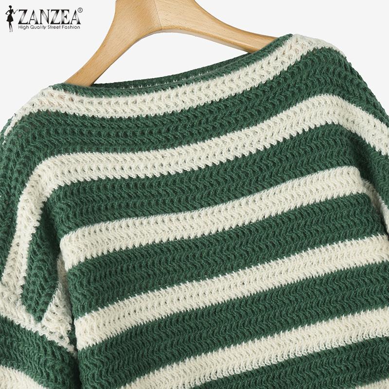 ZANZEA Women O-neck Long Sleeve Striped Knitted Pullover Sweaters Knitwear Jumpers