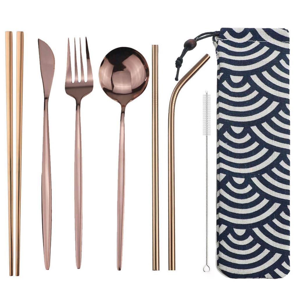 8pcs Portable Travel Knife Fork Spoon Chopsticks Straw Dinneware Set Blue Cutlery Set 304 Stainless Steel Silverware with Pouch