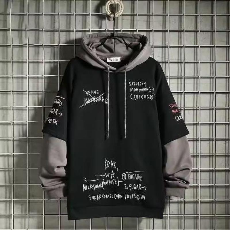 Spring Autumn Men's Sweater Retro Hooded Print Sweatshirt Loose Hoodie Fleece Padded Jacket