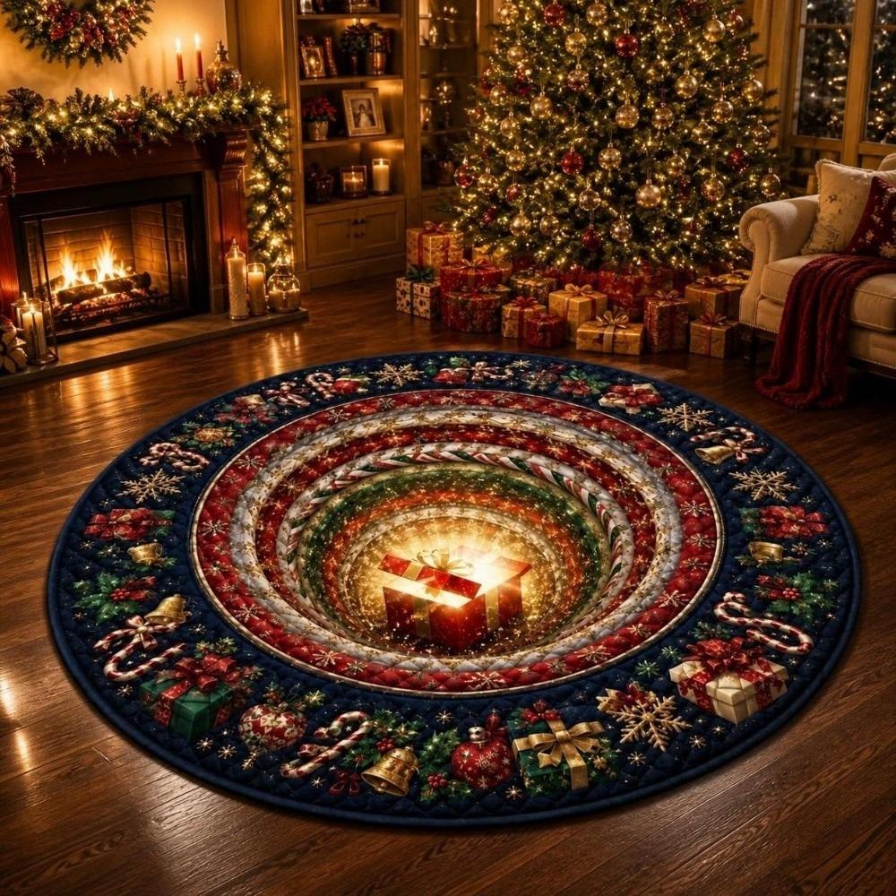 2D Flat Printed Christmas Rug Santa Claus Xmas Home Decor Round Vortex Carpet Christmas