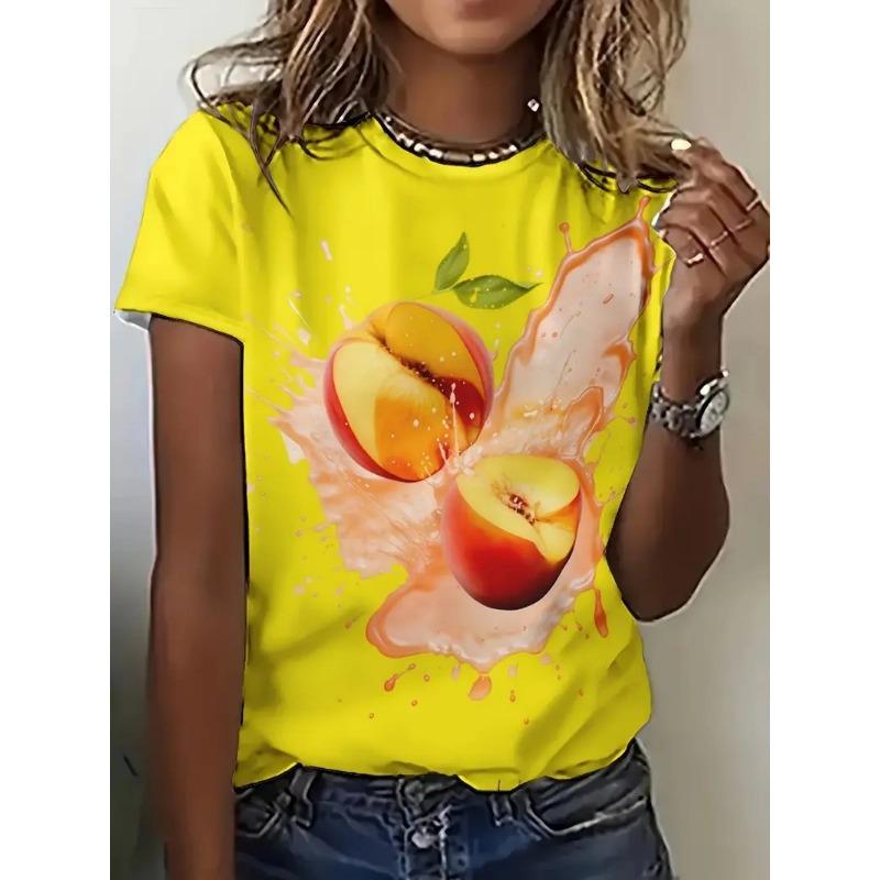 Summer Round Neck Fruit Juice Beverage Printed Top Fashionable Casual Short Sleeved Women's T-shirts