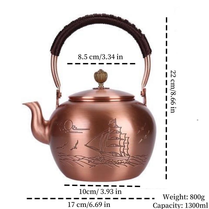 Handcrafted Pure Copper Coffee Pot,Engraving Retro Welcoming Pine Teaware 1300 ml Filter Weave Heat Handheld Kettle,Teapot