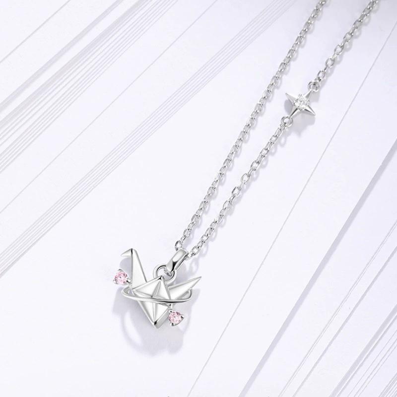 925 Silver Thousand Paper Crane Necklace Women's Cute Pink Zirconia Lock Chain Fashionable Creative Star Necklaces Girl Gift