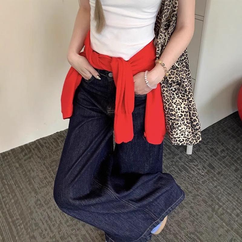 Petite High Waist Retro Dark Blue Wide Leg Jeans for Women - Casual, Slimming, Floor-Length Trousers