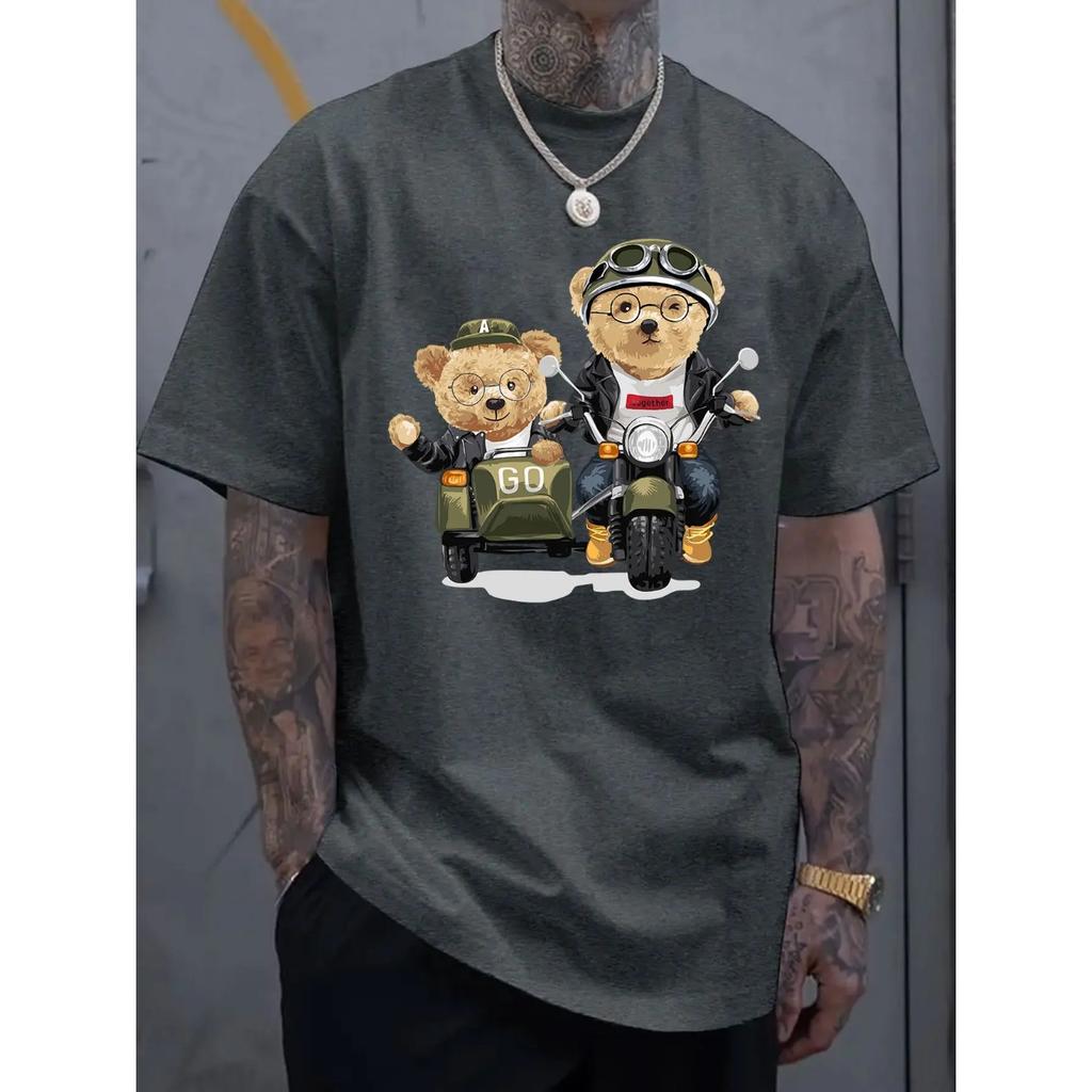 Summer 100 Cotton Fashionable Casual Sports Loose Cartoon Bear Pattern Printed Round Neck Short Sleeved Men's T-shirts
