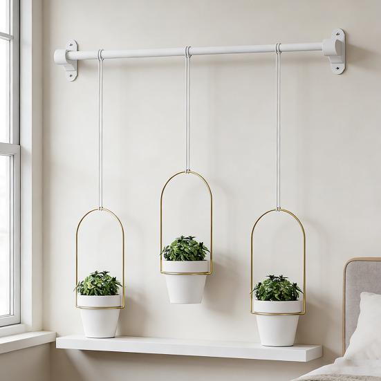 1 Set Hanging Plant Pot Wall Plant Hanger Includes Adjustable Metal Rod 3 Planters And Nylon Ropes Flower Pot Hanger