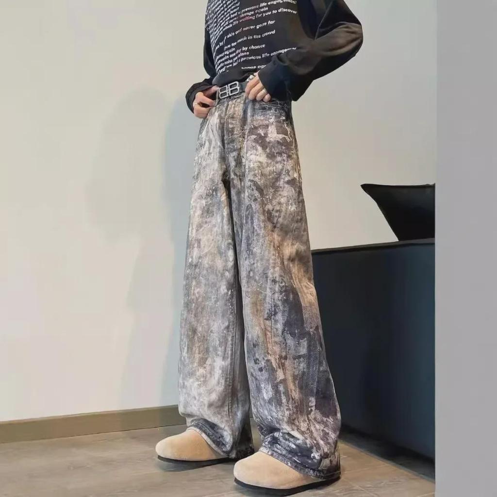 Unisex Hüftjeans mit weitem Bein, 3D-Camouflage und Tintenklecks-Print