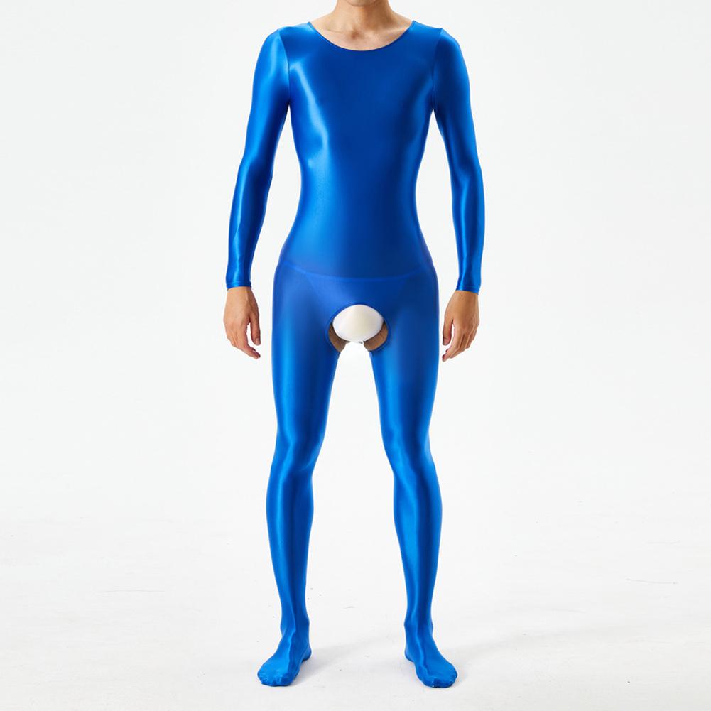 Men Bodystocking Glossy Sheer Open Crotch Long Sleeve Body Jumpsuits Crotchless Transparent Bodysuit Underwear Night Club Wear