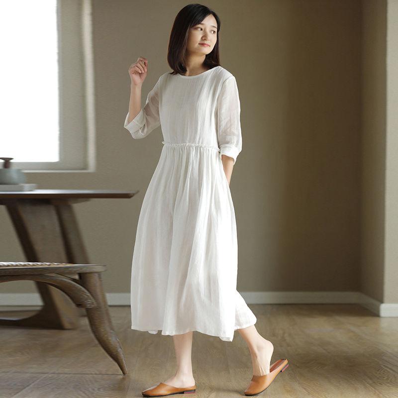 Summer Casual Dress High-Waist Slimming Literary Loose Round Neck Solid Color Long Skirt