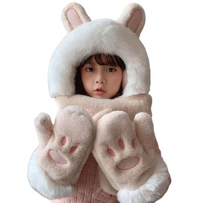 Children Ear Fleece Lined Winter Accessory Integrated Hat Scarf Gloves Set Children Winter Hat with Integrated Gloves