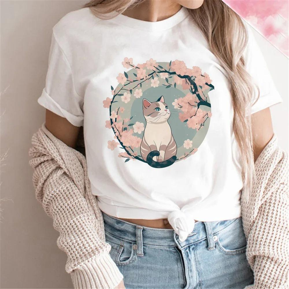 Kawaii Cat Print Womens TShirt Japanese Cherry Blossom Sushi Cat Casual Short Sleeve Top For Pet Lovers S