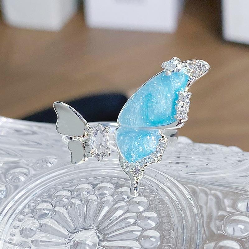 Small Fresh And Cool Butterfly Blue Enamel Dripping Oil Opening Ring Niche Light Luxury High-End Feeling Stacked Ring Woman