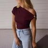 Women T-shirt Soft Stretchy Regular Fit Sloping Shoulder Short Sleeve Pullover Tops with Metal Design Party Vacation Casual Wear