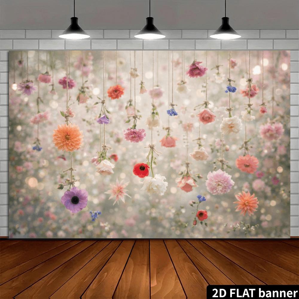 2D Plane Colorful Flowers Hanging In the Air Pink White and Purple Flowers Interwoven Polyester Fibers Romantic Atmosphere