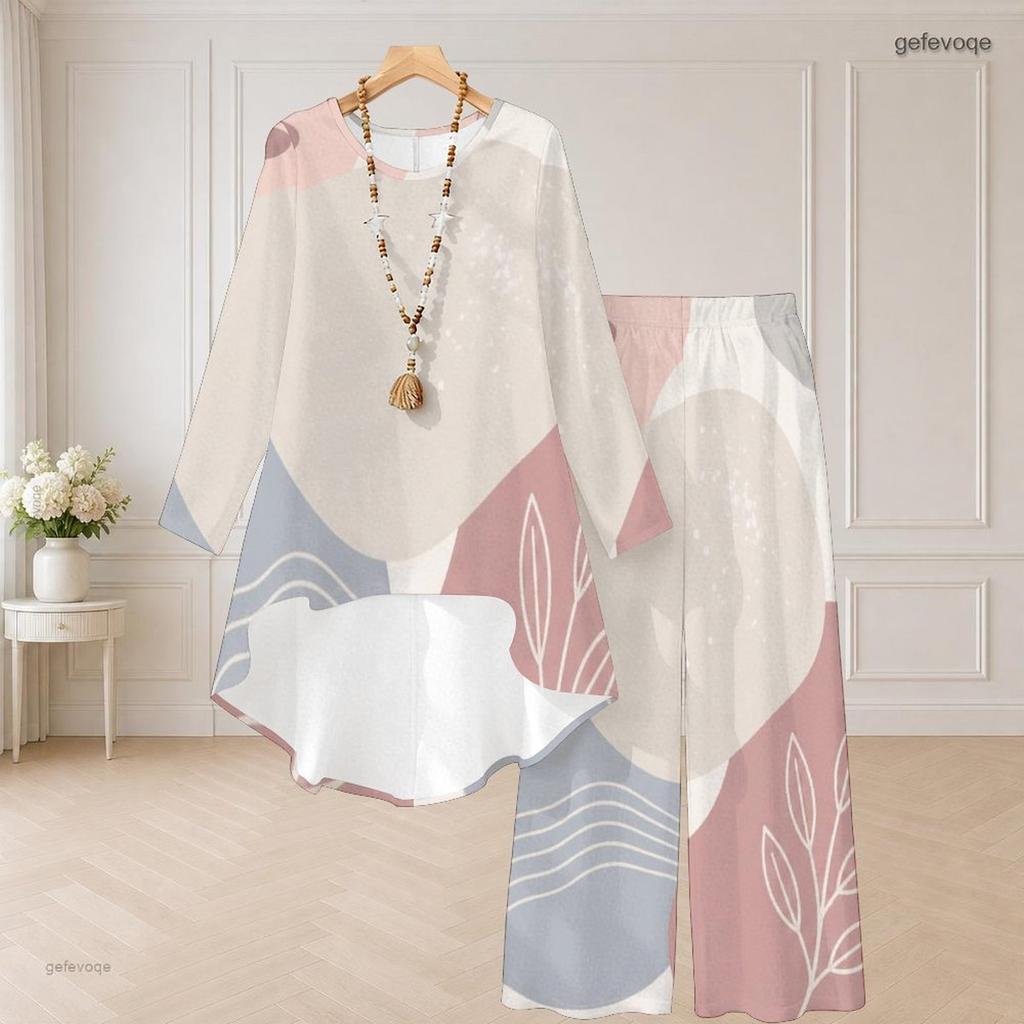 Women Plus Size Round Neck Long Sleeve Printed High Low Top Wide Leg Pants Two Piece Set