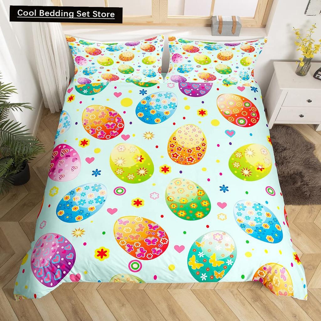 Watercolor Easter Eggs King Queen Bedding Set Happy Easter Themed Duvet Cover Toddlers Rainbow Easter Egg Polyester Quilt Cover