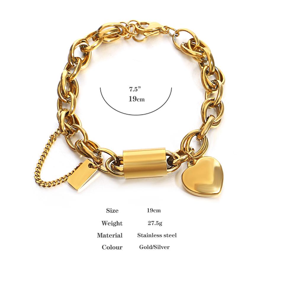 DZ Gold Color Thick Chain Stainless Steel Bracelets for Women Fashion Design Heart Love Pendant Wrist Zircon