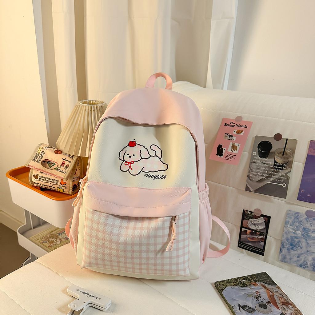 Schoolbag Korean in milk blue cute small fresh plaid backpack high value cartoon embroidery puppy girl backpack