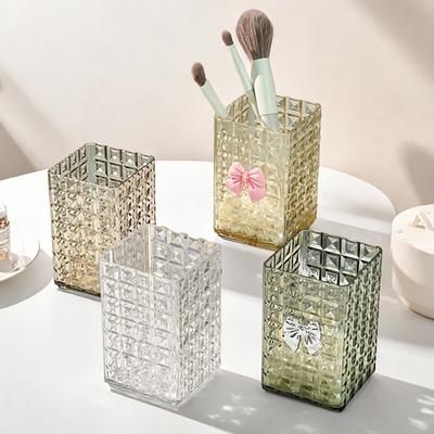Square Plastic Cosmetic Storage Box With Bow Transparent Makeup Brush Organizer Lipstick Eyeliner Display Stand Jewelry Case