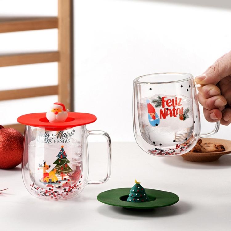 Insulated Christmas Glasswares Holiday Seasonal Coffee Mugs Insulated Glass Cup for Coffee Hot Chocolate