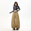 Spring Summer Heavy Faded Washed Camel Pure Cotton Patchwork Loose Saber Cut Trendy Denim Long Pants Ladies Casual Pants Oversize Denim Trousers